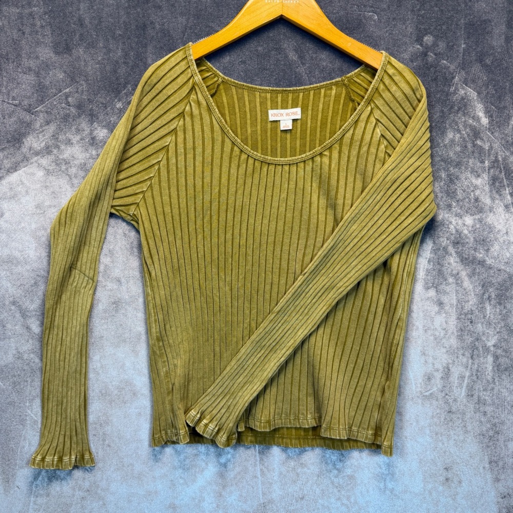 Knox Rose Ribbed Long Sleeve Shirt Womens Green Slim Size S Scoop Neck Casual